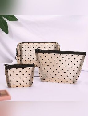 Beige Heart Print Cosmetic Pouch Set with Black Trim